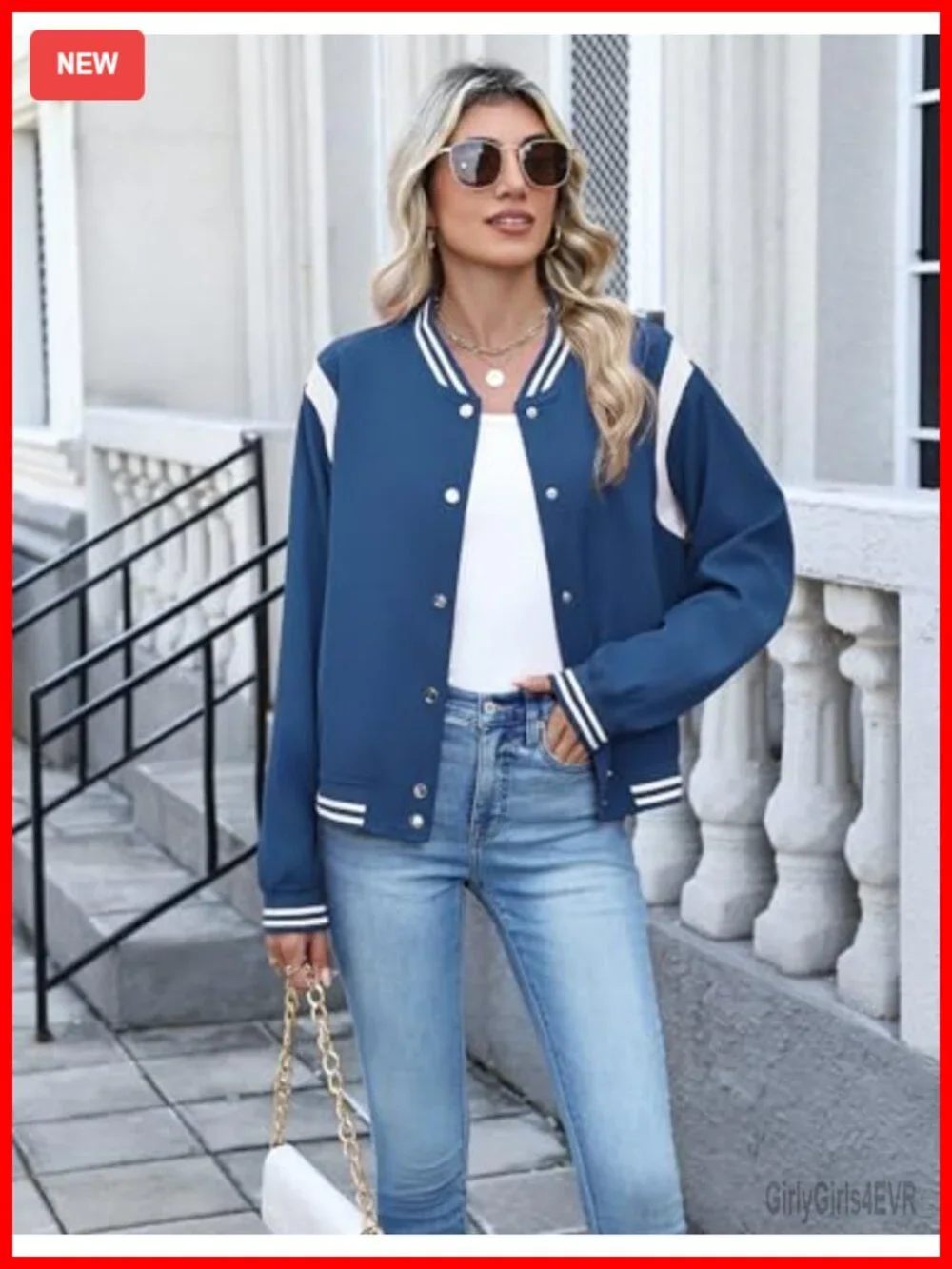 Women's Bomber Jacket Varsity Snap Button Lightweight Casual Letterman with